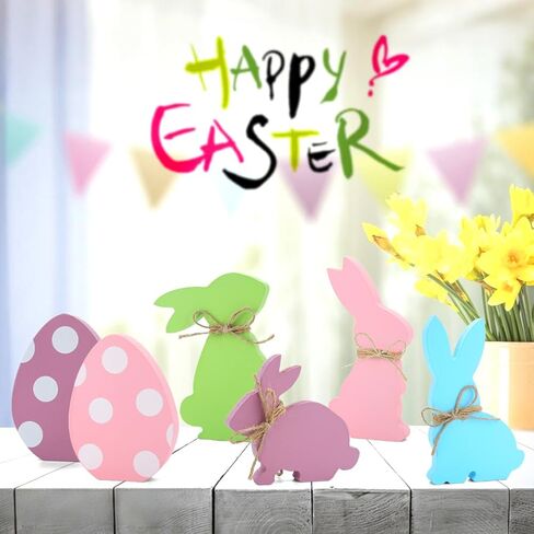 Easter Decorations, 6 pcs Wooden Easter Bunny Egg Signs for Table Centerpiece Tiered Tray Decor Home Indoor Office Party Farmhouse Decor in Kuwait