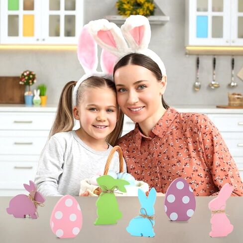 Easter Decorations, 6 pcs Wooden Easter Bunny Egg Signs for Table Centerpiece Tiered Tray Decor Home Indoor Office Party Farmhouse Decor in Kuwait