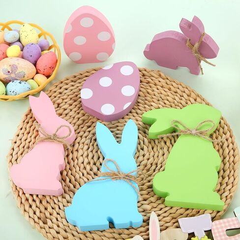 Easter Decorations, 6 pcs Wooden Easter Bunny Egg Signs for Table Centerpiece Tiered Tray Decor Home Indoor Office Party Farmhouse Decor in Kuwait