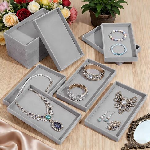 20Pcs Small Velvet Jewelry Tray, 8.3x4.9x0.9Inch Jewelry Storage Display Trays Desktop Decorative Tray for Earring Ring Necklace Bracelet, Grey (1 Grid) in Kuwait