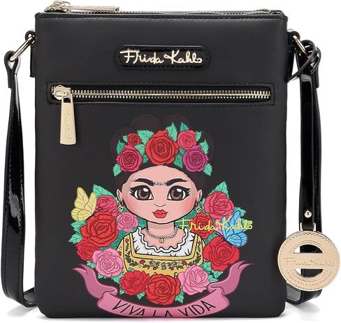 Frida Kahlo Viva La Vida Crossbody Bag, Black Floral Art Design, Multi-Compartment with Gold Hardware and Patent Leather in Kuwait