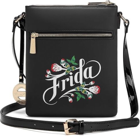 Frida Kahlo Viva La Vida Crossbody Bag, Black Floral Art Design, Multi-Compartment with Gold Hardware and Patent Leather in Kuwait