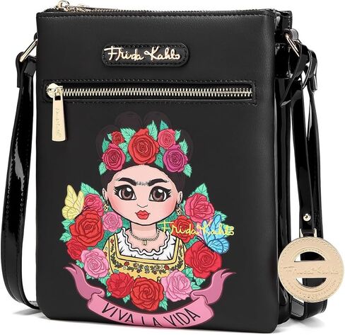 Frida Kahlo Viva La Vida Crossbody Bag, Black Floral Art Design, Multi-Compartment with Gold Hardware and Patent Leather in Kuwait