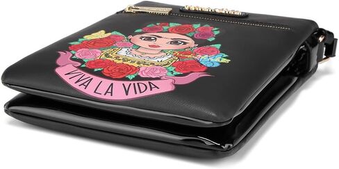 Frida Kahlo Viva La Vida Crossbody Bag, Black Floral Art Design, Multi-Compartment with Gold Hardware and Patent Leather in Kuwait