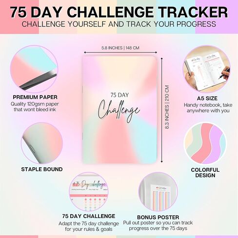 75 Day Challenge Tracker Notebook A5 | Colourful 75 Day Fitness & Habit Journal with Measurement Pages, Weekly Goal & Habit Tracker, Meal Planner, Bonus Pull-Out Poster, 120gsm Paper in Saudi Arabia