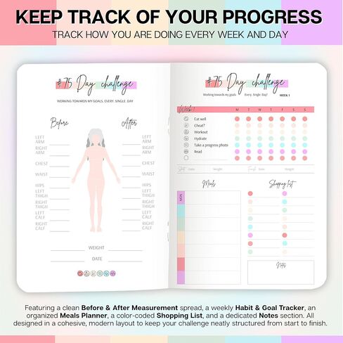 75 Day Challenge Tracker Notebook A5 | Colourful 75 Day Fitness & Habit Journal with Measurement Pages, Weekly Goal & Habit Tracker, Meal Planner, Bonus Pull-Out Poster, 120gsm Paper in Saudi Arabia