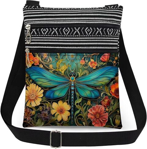 حقيبة كروس بحزام كتف قابل للتعديل من Dragonfly Garden وزهور ملونة مع طباعة اليعسوب للنساء حقيبة ساعي هدية عيد ميلاد هدية عيد الميلاد لصديقك عاشق الحشرات in Kuwait