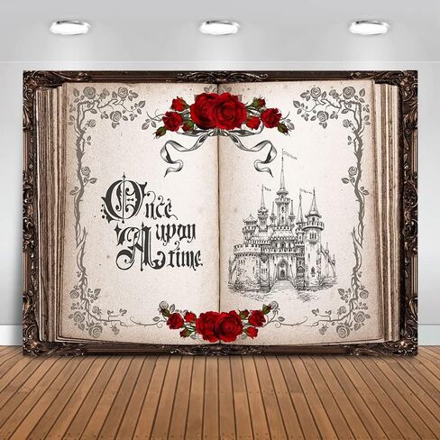 Mocsicka Once Upon a Time Backdrop Princess Castle Wedding Party Background Fairytale Book Red Roses Bridal Shower Party Cake Table Decoration Photo Booth Props (7x5ft) in Saudi Arabia