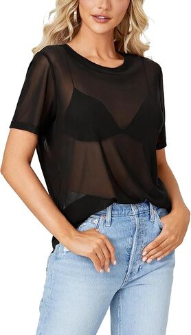 Rooscier Women's Sheer Mesh Round Neck Short Sleeve See Through Sexy Blouse Shirt Top Solid Black XX-Large in Saudi Arabia