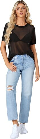 Rooscier Women's Sheer Mesh Round Neck Short Sleeve See Through Sexy Blouse Shirt Top Solid Black XX-Large in Saudi Arabia