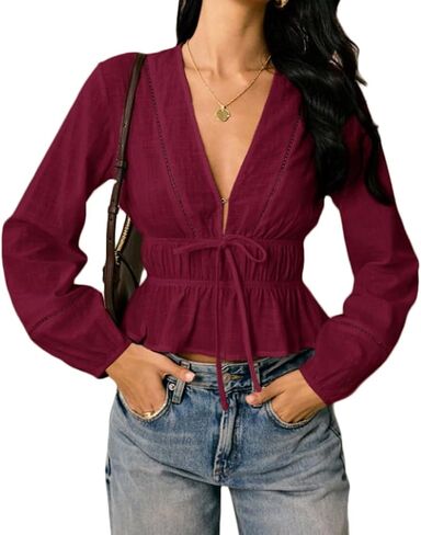 المرأة Coquette العميق الخامس الرقبة ربطة القوس فيونكة حتى بيبلوم بلوزة قميص العصرية سليم صالح طويل فانوس كم Smocked المحاصيل الأعلى in Kuwait