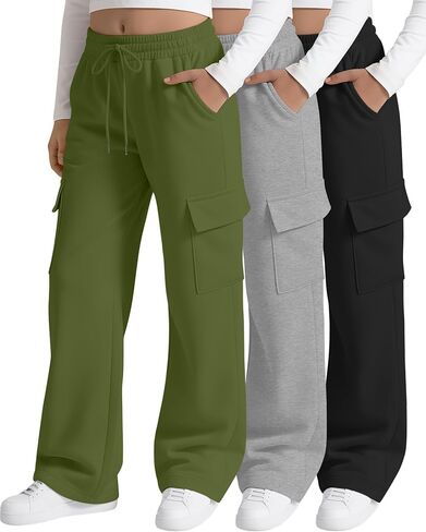 3 Pack Girls' Cargo Sweatpants Kids Wide Leg Pants Loose Baggy Elastic Drawstring Joggers with 4 Pockets 5-14 Years in Kuwait