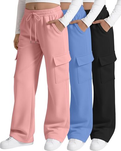 3 Pack Girls' Cargo Sweatpants Kids Wide Leg Pants Loose Baggy Elastic Drawstring Joggers with 4 Pockets 5-14 Years in Saudi Arabia