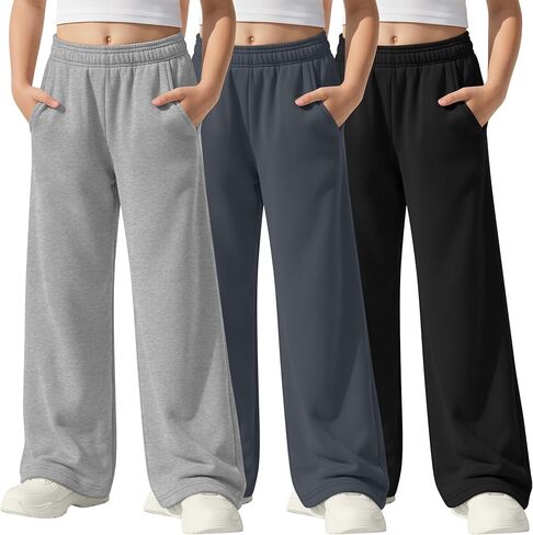 3 Pack Girls' Sweatpants Athletic Straight Leg Elastic Waist Joggers with Pockets Kids Teen Wide Baggy Casual Pants in Saudi Arabia