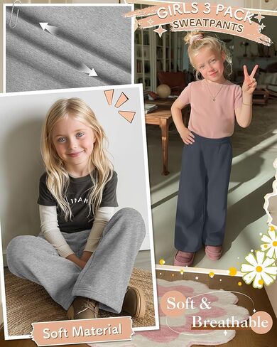 3 Pack Girls' Sweatpants Athletic Straight Leg Elastic Waist Joggers with Pockets Kids Teen Wide Baggy Casual Pants in Saudi Arabia