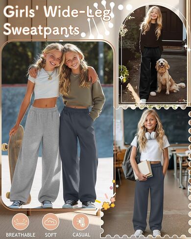 3 Pack Girls' Sweatpants Athletic Straight Leg Elastic Waist Joggers with Pockets Kids Teen Wide Baggy Casual Pants in Saudi Arabia