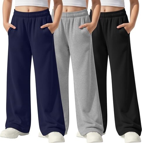 عبوة من 3 سراويل رياضية للفتيات بأرجل مستقيمة وخصر مطاطي وجيوب للأطفال في سن المراهقة وسروال كاجوال فضفاض واسع in Kuwait