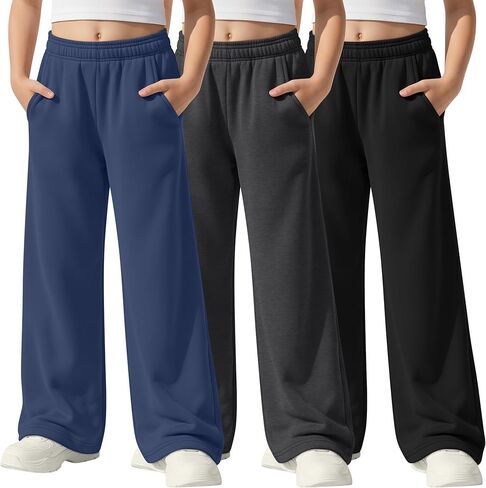 3 Pack Girls' Sweatpants Athletic Straight Leg Elastic Waist Joggers with Pockets Kids Teen Wide Baggy Casual Pants in Saudi Arabia