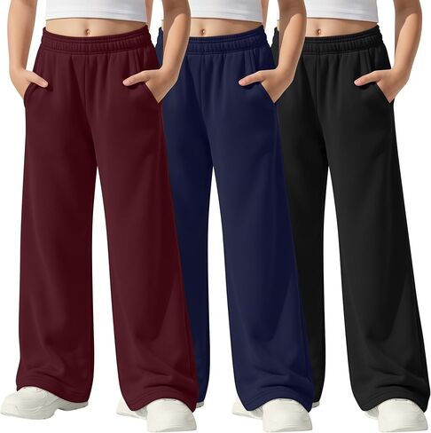 3 Pack Girls' Sweatpants Athletic Straight Leg Elastic Waist Joggers with Pockets Kids Teen Wide Baggy Casual Pants in Saudi Arabia