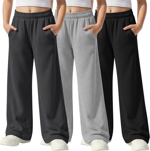 3 Pack Girls' Sweatpants Athletic Straight Leg Elastic Waist Joggers with Pockets Kids Teen Wide Baggy Casual Pants in Saudi Arabia