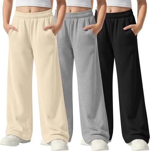 3 Pack Girls' Sweatpants Athletic Straight Leg Elastic Waist Joggers with Pockets Kids Teen Wide Baggy Casual Pants in Saudi Arabia