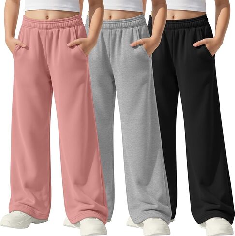 3 Pack Girls' Sweatpants Athletic Straight Leg Elastic Waist Joggers with Pockets Kids Teen Wide Baggy Casual Pants in Saudi Arabia