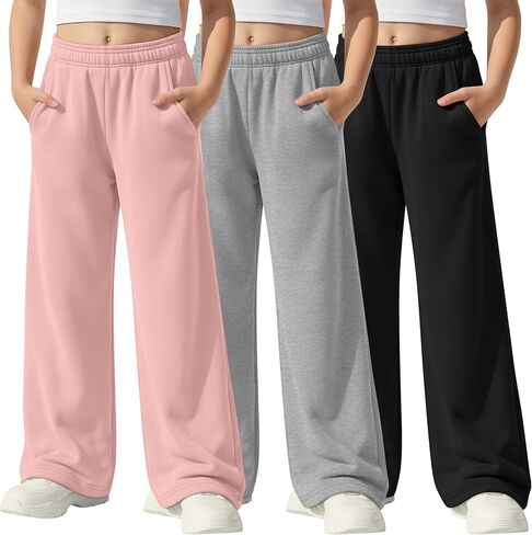 3 Pack Girls' Sweatpants Athletic Straight Leg Elastic Waist Joggers with Pockets Kids Teen Wide Baggy Casual Pants in Saudi Arabia