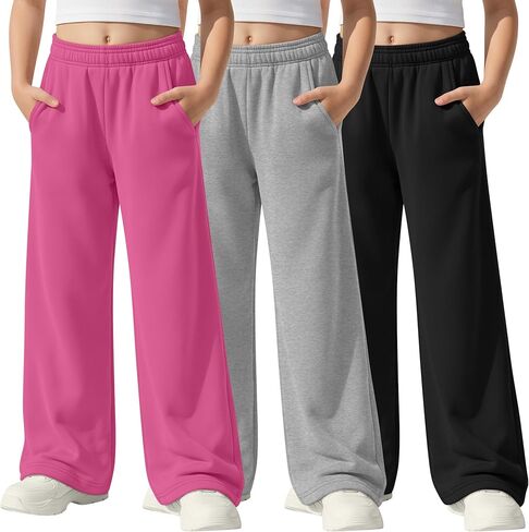 3 Pack Girls' Sweatpants Athletic Straight Leg Elastic Waist Joggers with Pockets Kids Teen Wide Baggy Casual Pants in Saudi Arabia