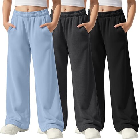 3 Pack Girls' Sweatpants Athletic Straight Leg Elastic Waist Joggers with Pockets Kids Teen Wide Baggy Casual Pants in Saudi Arabia
