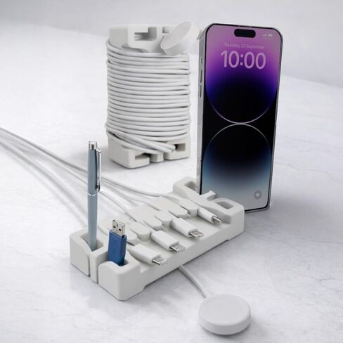 من DeskBrick منظم الأسلاك الأثقل وزنًا لسطح المكتب - حامل الهاتف، منظم مكتب المكتب، إدارة الكابلات للمنزل - هدية متعددة الوظائف للرجال والكبار (رمادي فاتح) in Kuwait