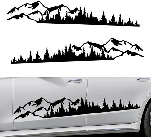 2 PCS Car Mountain Tree Forest Decals, Mountain Tree Decals Sticker Vinyl Decals, Waterproof Car Body Side Door Truck Tailgate Exterior Decoration, for Most Cars SUV Off-Road Vehicles (Black) in Kuwait
