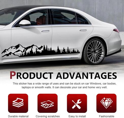 2 PCS Car Mountain Tree Forest Decals, Mountain Tree Decals Sticker Vinyl Decals, Waterproof Car Body Side Door Truck Tailgate Exterior Decoration, for Most Cars SUV Off-Road Vehicles (Black) in Kuwait