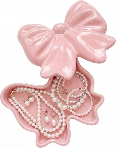 صندوق مجوهرات من السيراميك على شكل قوس وردي على شكل قوس مجوهرات من السيراميك علبة طبق مجوهرات منظم حامل حلقة تخزين لديكور الغرفة صندوق حلية زفاف هدية يوم المرأة للنساء والزوجة وصيفة العروس in Kuwait