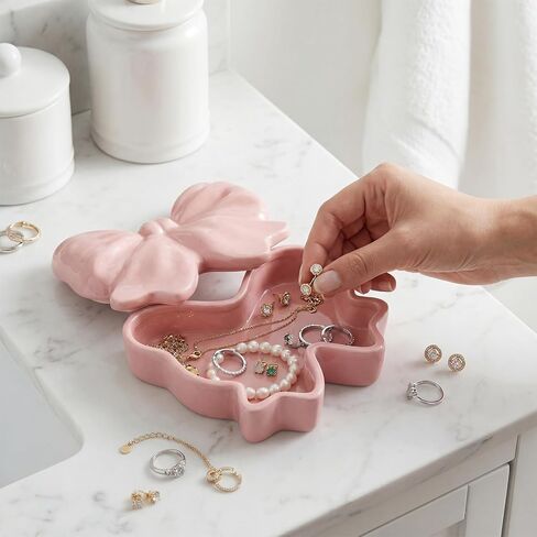صندوق مجوهرات من السيراميك على شكل قوس وردي على شكل قوس مجوهرات من السيراميك علبة طبق مجوهرات منظم حامل حلقة تخزين لديكور الغرفة صندوق حلية زفاف هدية يوم المرأة للنساء والزوجة وصيفة العروس in Kuwait