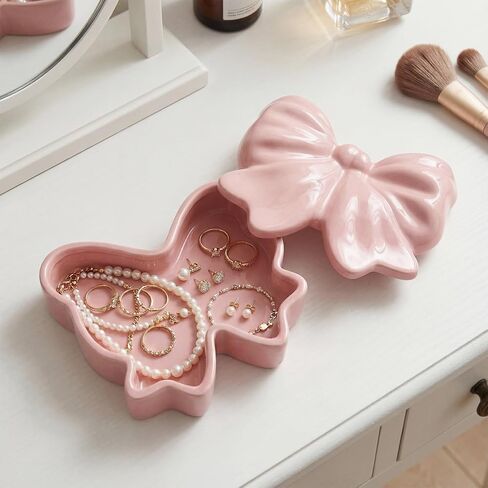 صندوق مجوهرات من السيراميك على شكل قوس وردي على شكل قوس مجوهرات من السيراميك علبة طبق مجوهرات منظم حامل حلقة تخزين لديكور الغرفة صندوق حلية زفاف هدية يوم المرأة للنساء والزوجة وصيفة العروس in Kuwait