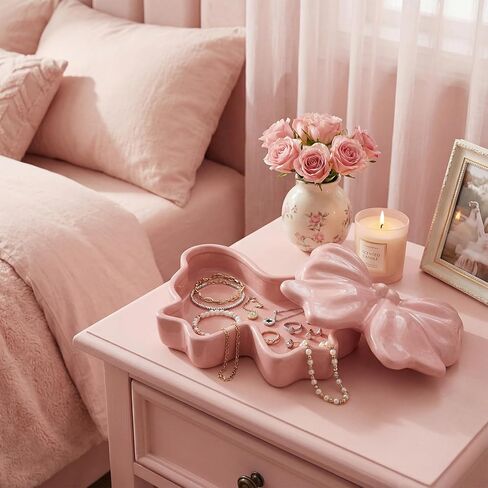 صندوق مجوهرات من السيراميك على شكل قوس وردي على شكل قوس مجوهرات من السيراميك علبة طبق مجوهرات منظم حامل حلقة تخزين لديكور الغرفة صندوق حلية زفاف هدية يوم المرأة للنساء والزوجة وصيفة العروس in Kuwait