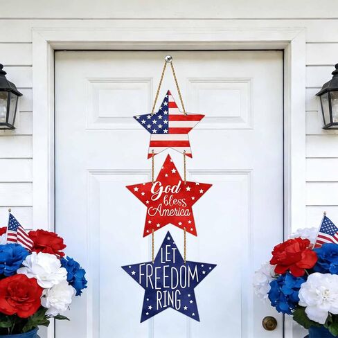 4th of July Decorations Patriotic Decorations Pentagram Patriotic Wreath Hanging Sign Wooden 4th of July Wreaths for Front Door Decorations for Memorial Day Fourth of July Porch Wall Indoor Home Decor in Saudi Arabia