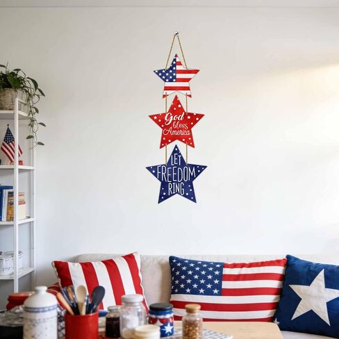 4th of July Decorations Patriotic Decorations Pentagram Patriotic Wreath Hanging Sign Wooden 4th of July Wreaths for Front Door Decorations for Memorial Day Fourth of July Porch Wall Indoor Home Decor in Saudi Arabia