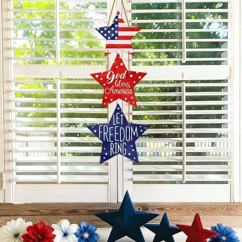 4th of July Decorations Patriotic Decorations Pentagram Patriotic Wreath Hanging Sign Wooden 4th of July Wreaths for Front Door Decorations for Memorial Day Fourth of July Porch Wall Indoor Home Decor in Saudi Arabia