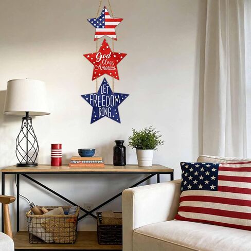 4th of July Decorations Patriotic Decorations Pentagram Patriotic Wreath Hanging Sign Wooden 4th of July Wreaths for Front Door Decorations for Memorial Day Fourth of July Porch Wall Indoor Home Decor in Saudi Arabia