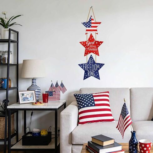 4th of July Decorations Patriotic Decorations Pentagram Patriotic Wreath Hanging Sign Wooden 4th of July Wreaths for Front Door Decorations for Memorial Day Fourth of July Porch Wall Indoor Home Decor in Saudi Arabia