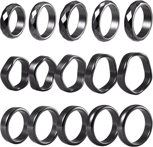 Crafans 15Pcs Hematite Plain Band Finger Rings Size Size 6-12 Hematite Power Stone Textured Wedding Bands Ring Wave Faceted Anniversary Finger Rings for Men Women in Kuwait