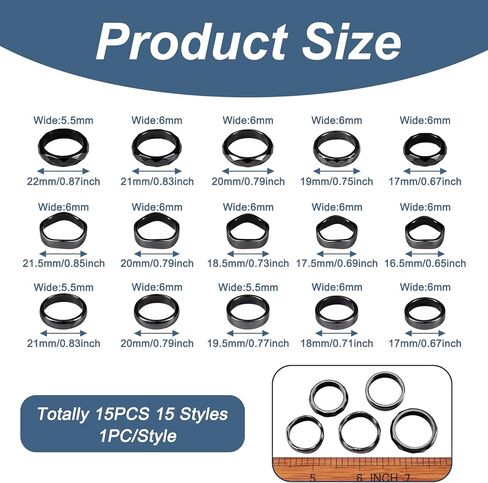 Crafans 15Pcs Hematite Plain Band Finger Rings Size Size 6-12 Hematite Power Stone Textured Wedding Bands Ring Wave Faceted Anniversary Finger Rings for Men Women in Kuwait