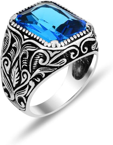 Silver Aquamarine Stone Ring, Blue Aquamarine Stone Ring, Vintage Men Ring, Turkısh Ottoman Men Ring, 925k Sterling Silver Ring in Kuwait