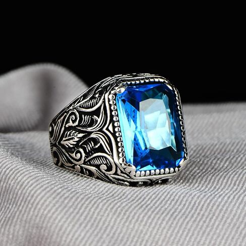 Silver Aquamarine Stone Ring, Blue Aquamarine Stone Ring, Vintage Men Ring, Turkısh Ottoman Men Ring, 925k Sterling Silver Ring in Kuwait