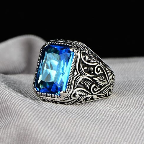 Silver Aquamarine Stone Ring, Blue Aquamarine Stone Ring, Vintage Men Ring, Turkısh Ottoman Men Ring, 925k Sterling Silver Ring in Kuwait