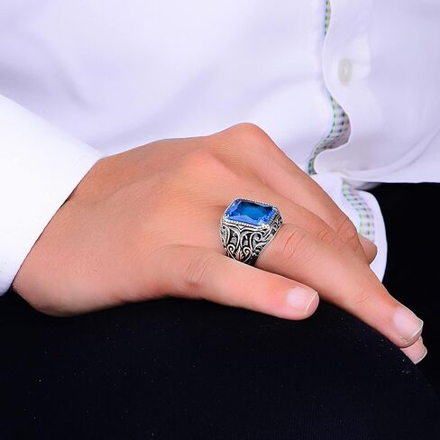 Silver Aquamarine Stone Ring, Blue Aquamarine Stone Ring, Vintage Men Ring, Turkısh Ottoman Men Ring, 925k Sterling Silver Ring in Kuwait