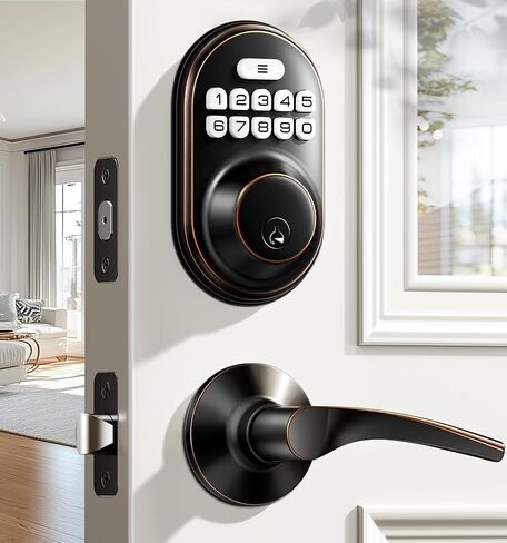 Veise Keyless Entry Door Lock with 2 Lever Handles - Electronic Keypad Deadbolt, Auto Lock, Back Lit & Easy Installation Design, Front Door Handle Sets, Oil Rubbed Bronze in Saudi Arabia