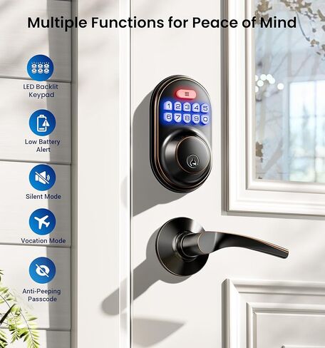Veise Keyless Entry Door Lock with 2 Lever Handles - Electronic Keypad Deadbolt, Auto Lock, Back Lit & Easy Installation Design, Front Door Handle Sets, Oil Rubbed Bronze in Saudi Arabia