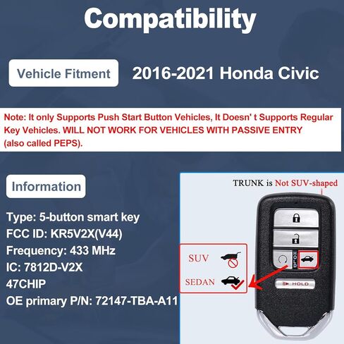 طقم استبدال مفتاح ذكي DIY يناسب Honda Civic 2016 2017 2018 2019 2020 2021 جهاز التحكم عن بعد للدخول بدون مفتاح استبدال معرف FCC: KR5V2X (V44) A2C92005700 in Kuwait